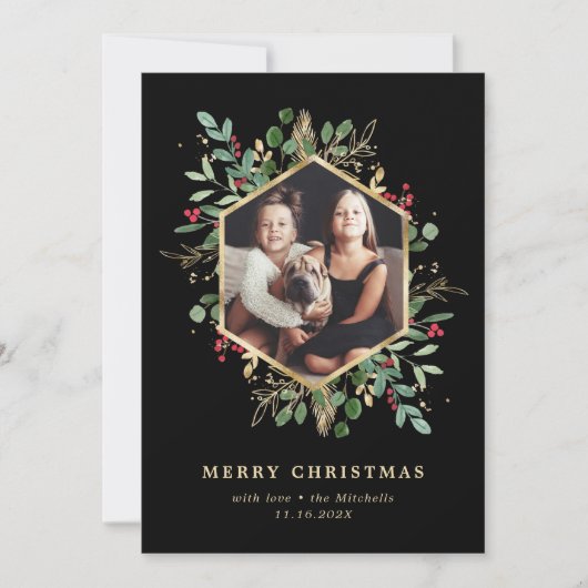 Gilded Greenery Geometric op Black Kerstfoto Feestdagenkaart (Voorkant)