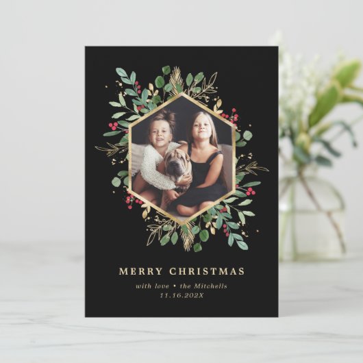Gilded Greenery Geometric op Black Kerstfoto Feestdagenkaart (Staand voorkant)