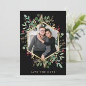Gilded Greenery on Black | Geometrische fotofeestd Save The Date (Staand voorkant)