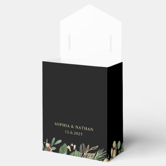 Gilded Greenery on Black | Kerstbruiloft Bedankdoosjes (Geopend)