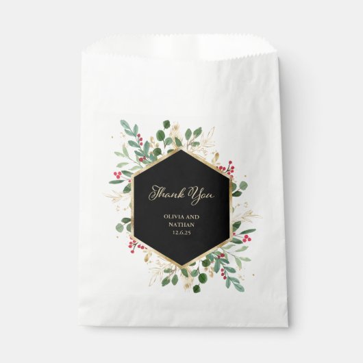 Gilded Greenery on Black | Kerstbruiloft Bedankzakje (Voorkant)