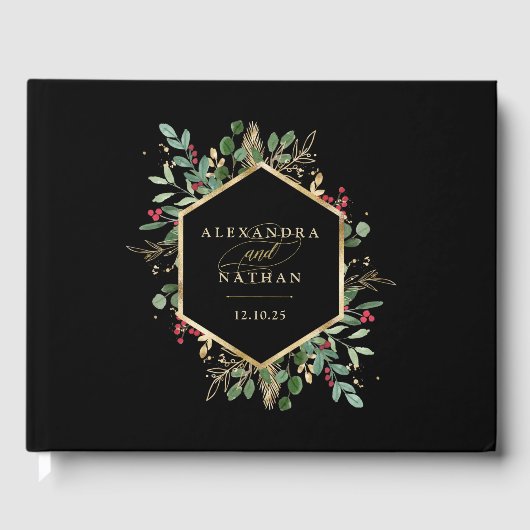 Gilded Greenery on Black | Kerstbruiloft Gastenboek (Voorkant)