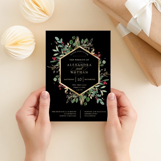 Gilded Greenery on Black | Kerstbruiloft Kaart