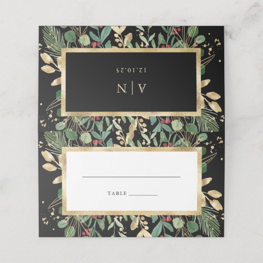 Gilded Greenery on Black | Kerstbruiloft Plaatskaartje (Buitenkant ongevouwen)