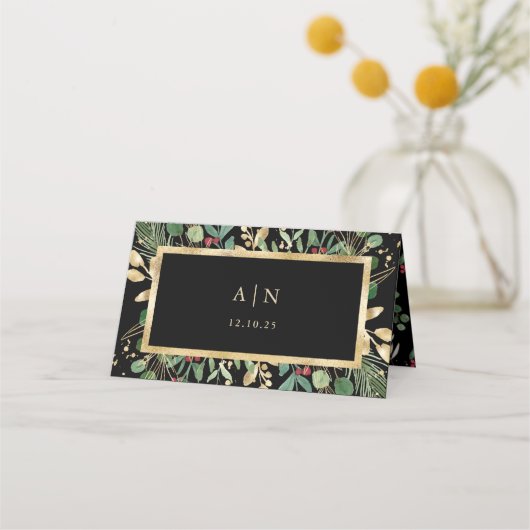 Gilded Greenery on Black | Kerstbruiloft Plaatskaartje (Achterkant)