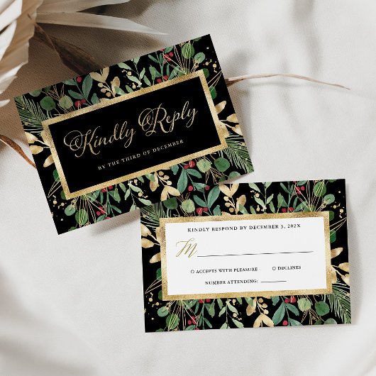 Gilded Greenery on Black | Kerstbruiloft RSVP Kaartje