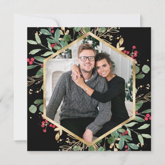 Gilded Greenery on Black | kerstfeestfoto Save The Date (Achterkant)