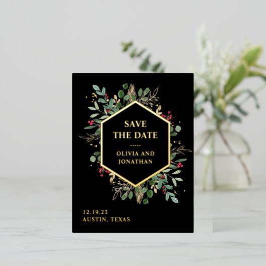Gilded Greenery on Black | Kerstmis: datum opslaan Folie Uitnodiging Briefkaart (Staand Voorkant)