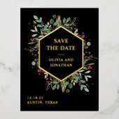 Gilded Greenery on Black | Kerstmis: datum opslaan Folie Uitnodiging Briefkaart (Voorkant)
