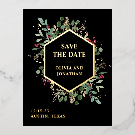 Gilded Greenery on Black | Kerstmis: datum opslaan Folie Uitnodiging Briefkaart (Voorkant)