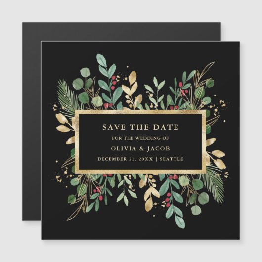 Gilded Greenery on Black | Kerstmis: datum opslaan Magnetische Uitnodiging (Voorkant / Achterkant)