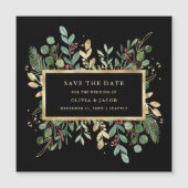 Gilded Greenery on Black | Kerstmis: datum opslaan Magnetische Uitnodiging (Voorkant)