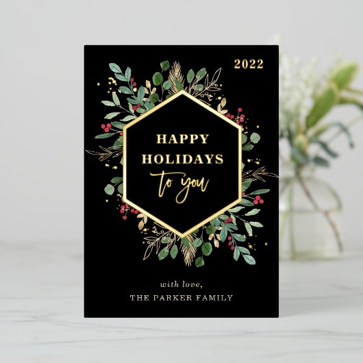 Gilded Greenery on Black | Prettige feestdagen Gol (Staand Voorkant)