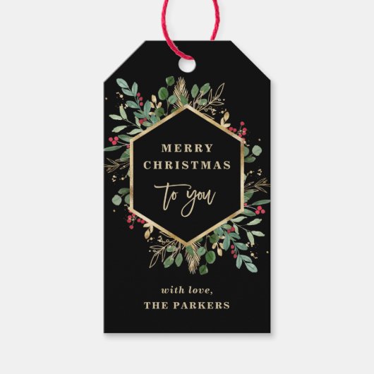 Gilded Greenery on Black | Vrolijk kerstfeest Cadeaulabel (Voorkant)