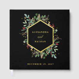 Gilded Greenery op zwart | Kerst bruiloft goud Gastenboek
