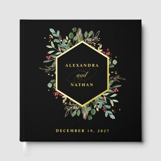 Gilded Greenery op zwart | Kerst bruiloft goud Gastenboek (Voorkant)