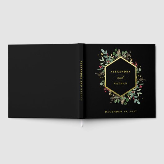 Gilded Greenery op zwart | Kerst bruiloft goud Gastenboek (Volledig)