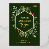 Gilded Greenery over Dark Green | Vrede en liefde Folie Feestdagenkaart (Voorkant)