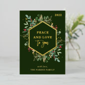 Gilded Greenery over Dark Green | Vrede en liefde Folie Feestdagenkaart (Staand Voorkant)