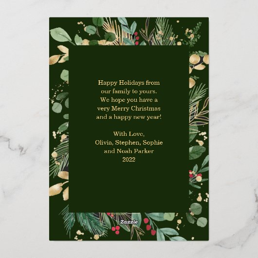 Gilded Greenery over Dark Green | Vrede en liefde Folie Feestdagenkaart (Achterkant)