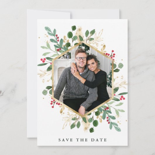 Gilded Greenery over White | Geometrische fotofees Save The Date (Voorkant)