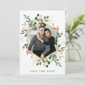 Gilded Greenery over White | Geometrische fotofees Save The Date (Staand voorkant)