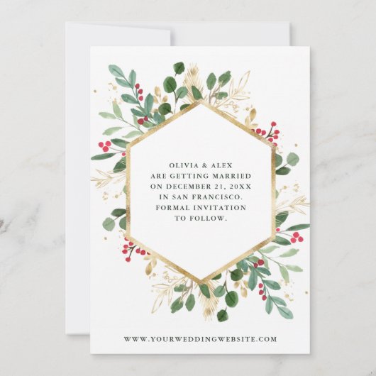 Gilded Greenery over White | Geometrische fotofees Save The Date (Achterkant)