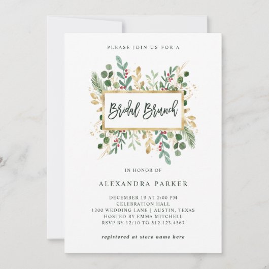 Gilded Greenery over White | Kerstbridal Brunch Kaart (Voorkant)