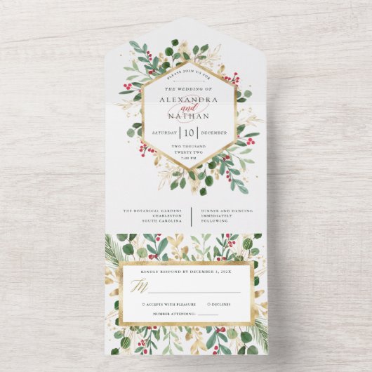 Gilded Greenery over White | Kerstbruiloft All In One Uitnodiging (Binnen)