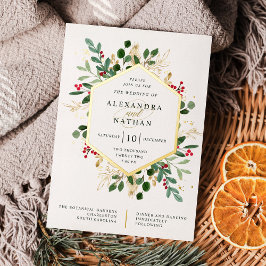 Gilded Greenery over White | Kerstbruiloft Folie Uitnodiging
