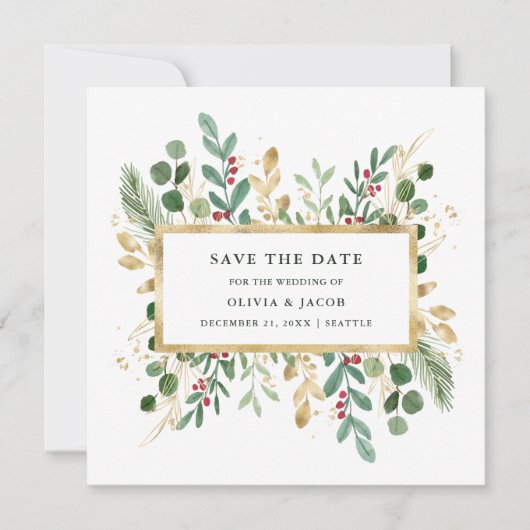 Gilded Greenery over White | kerstfeestfoto Save The Date (Voorkant)