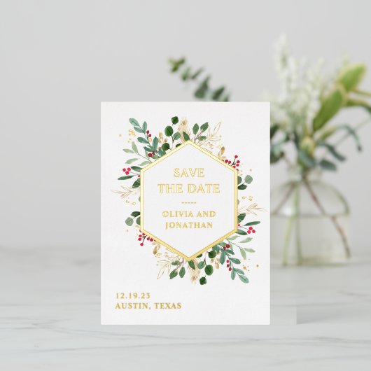 Gilded Greenery over White | Kerstmis: datum opsla Folie Uitnodiging Briefkaart (Staand Voorkant)