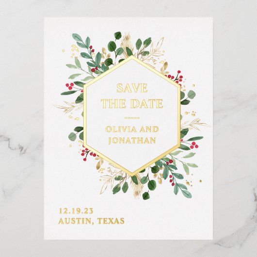 Gilded Greenery over White | Kerstmis: datum opsla Folie Uitnodiging Briefkaart (Voorkant)