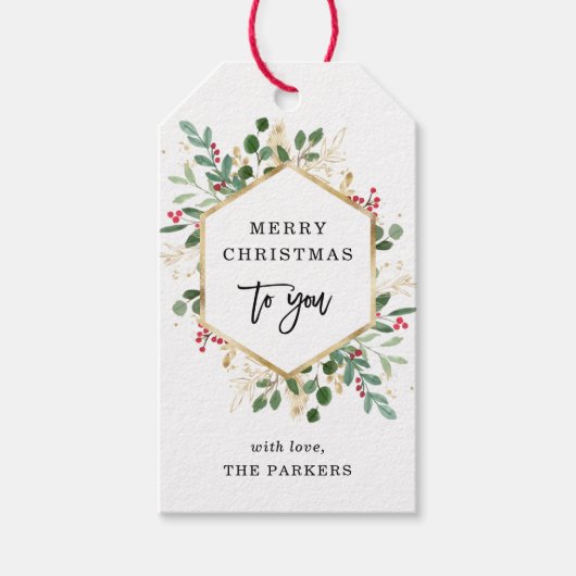 Gilded Greenery over White | Vrolijk kerstfeest Cadeaulabel (Voorkant)