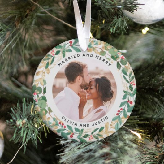 Gilded Greenery White Married en Merry Two Photo Ornament
