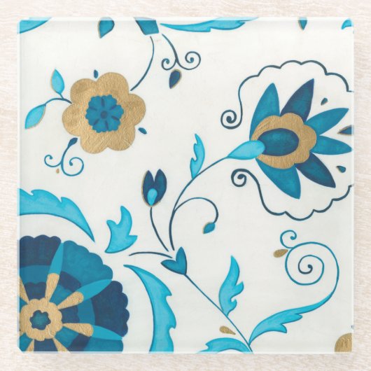 Gilded Indigo Flowers met witte achtergrond Glazen Onderzetter (Voorkant)