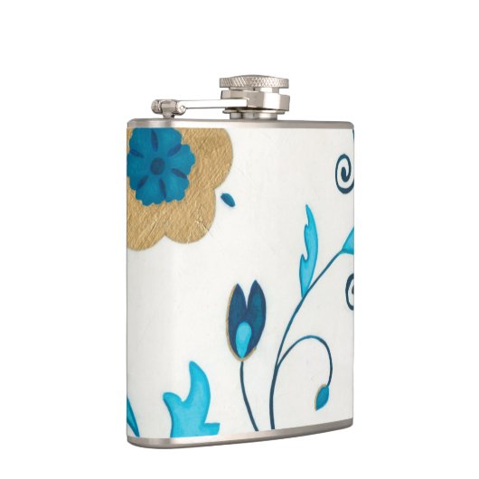 Gilded Indigo Flowers met witte achtergrond Heupfles (Rechts)