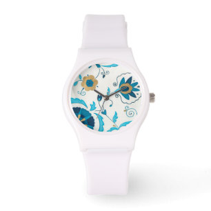 Gilded Indigo Flowers met Witte Achtergrond Horloge