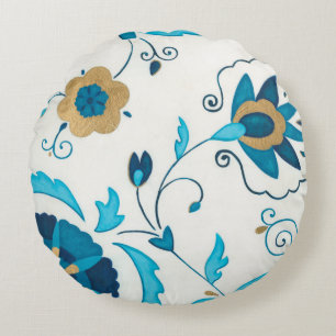 Gilded Indigo Flowers met witte achtergrond Rond Kussen