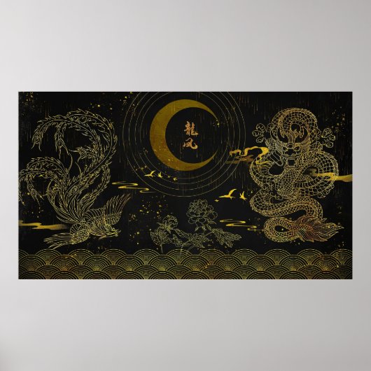 Gilded Line Drawing Chinese Phoenix en Dragon Poster (Voorkant)