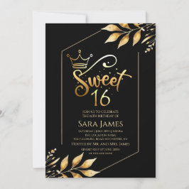 Gilded Majesty Black & Gold Sweet 16 Invitation Kaart