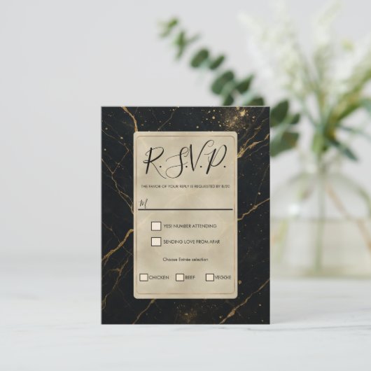 Gilded Midnight Marble Black & Gold Wedding RSVP Kaart (Staand voorkant)