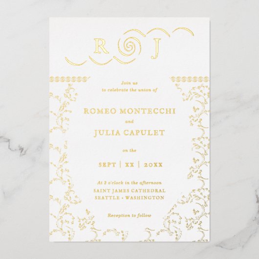 Gilded Monogram  Front and Back Wedding Folie Uitnodiging (Voorkant)