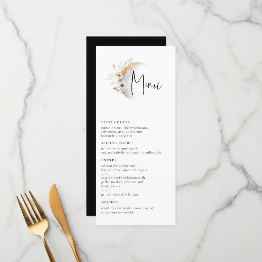 Gilded Moon Boho Floral Wedding Menu (Voorkant / Achterkant in situ)