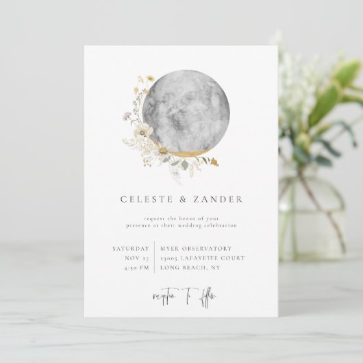 Gilded Moon Wildflower Wedding Invitation Aankondiging (Staand voorkant)