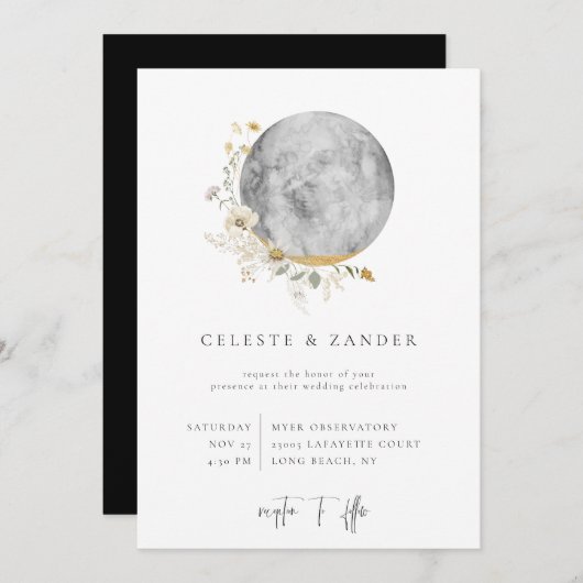 Gilded Moon Wildflower Wedding Invitation Aankondiging (Voorkant / Achterkant)