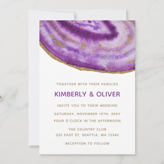 Gilded Paars Agate Wedding Invitations Kaart (Voorkant)
