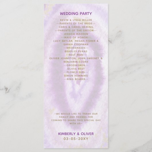 Gilded Paarse Agate Wedding-programma's Programmakaart (Achterkant)