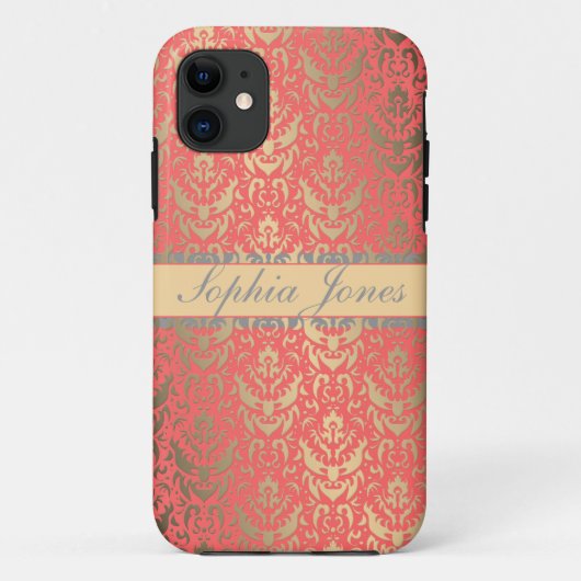Gilded Peach Elegant Faux Shimmer Damask Case-Mate iPhone Case (Achterkant)