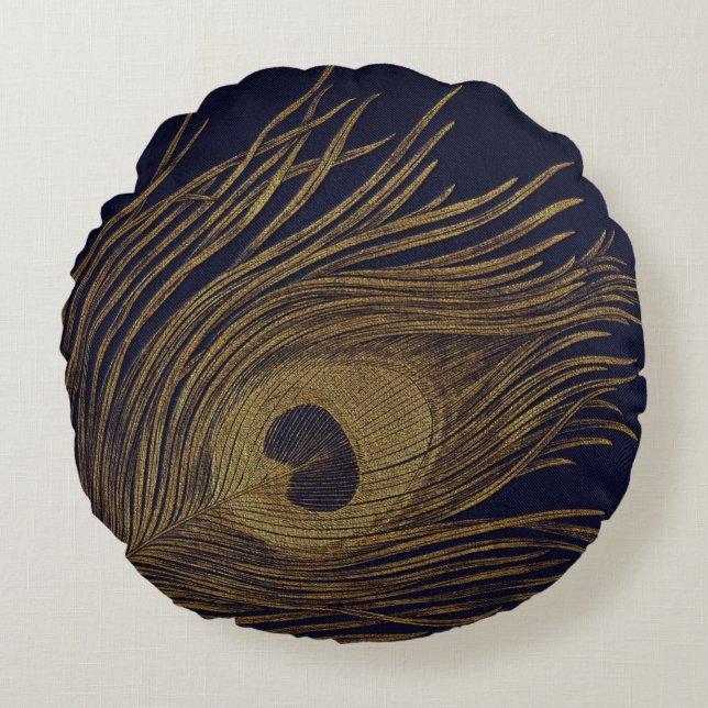  Gilded Peacock Feather Cushions Rond Kussen (Voorkant)